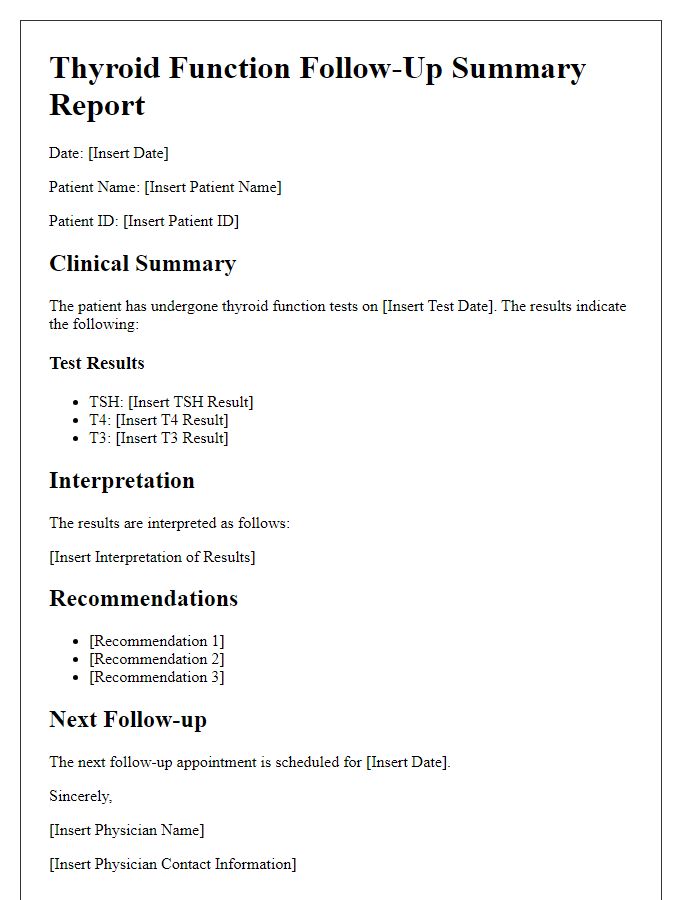 Letter template of thyroid function follow-up summary report