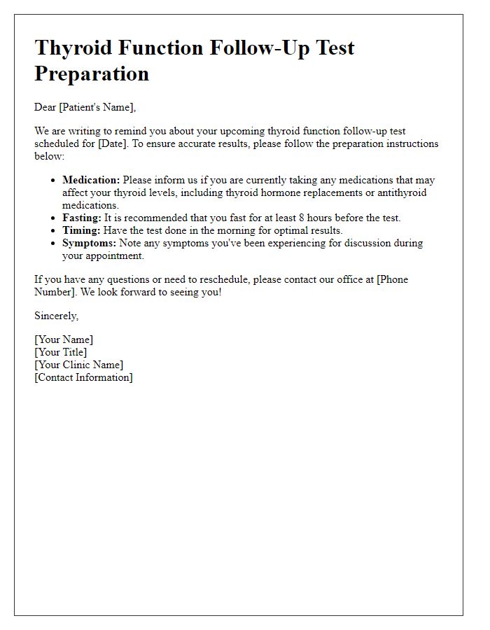 Letter template of thyroid function follow-up test preparation