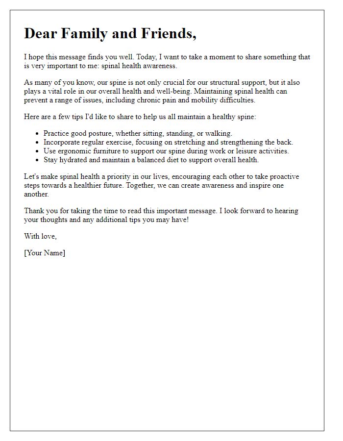 Letter template of spinal health awareness for family and friends