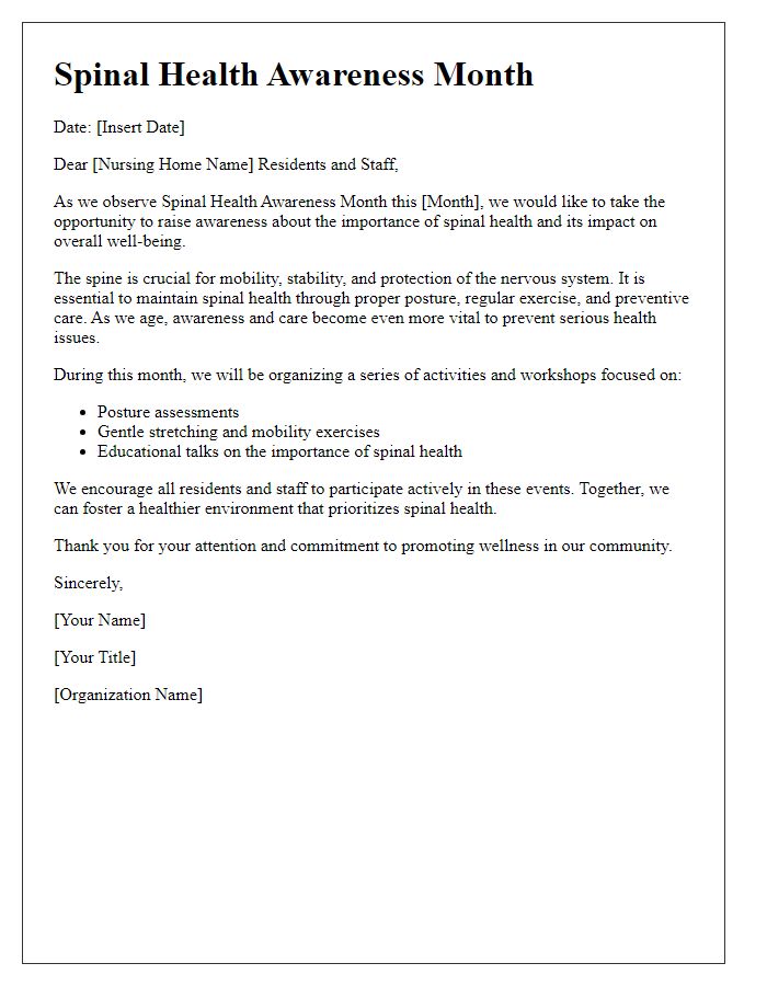 Letter template of spinal health awareness for nursing homes