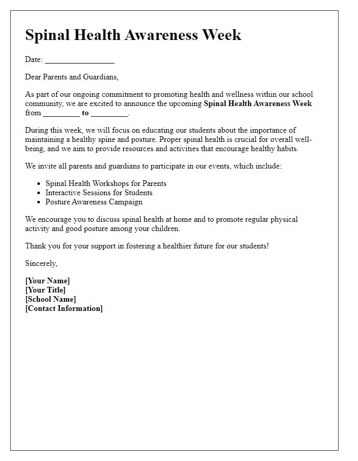 Letter template of spinal health awareness for schools