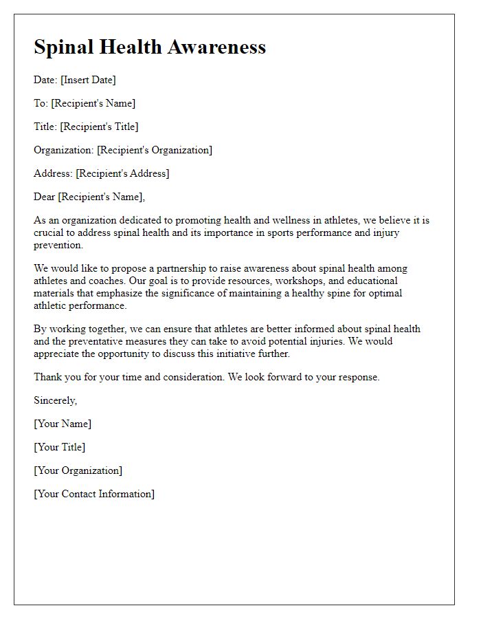 Letter template of spinal health awareness for sports organizations