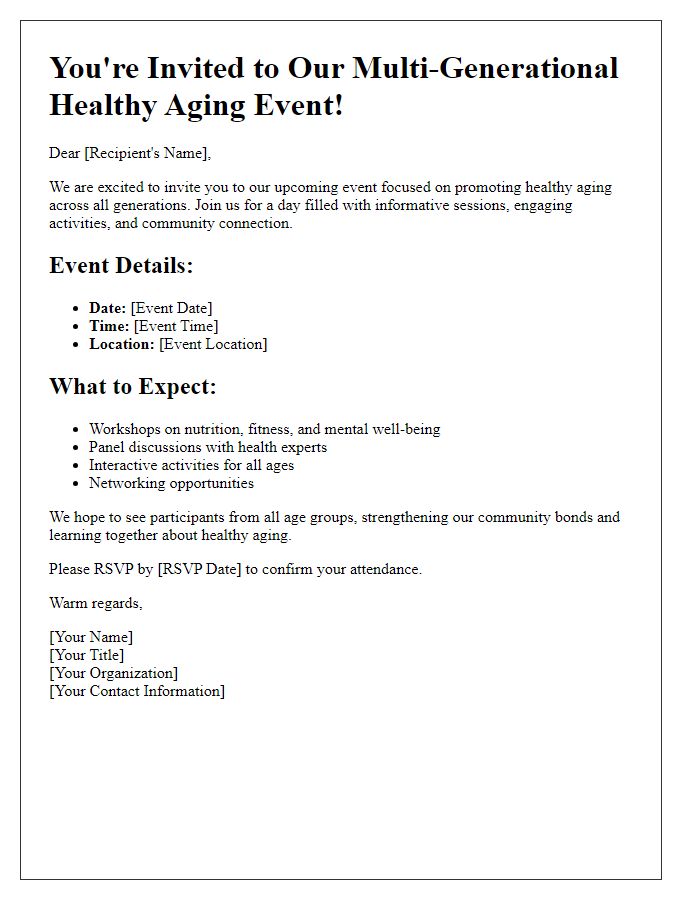 Letter template of invitation to a multi-generational healthy aging event.