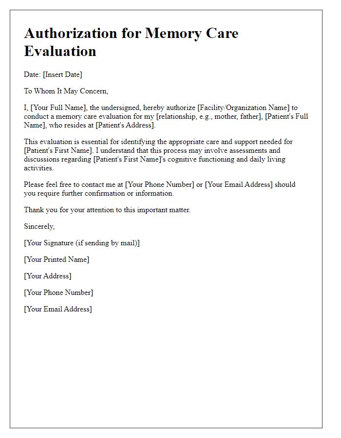 Letter template of authorization for memory care evaluation