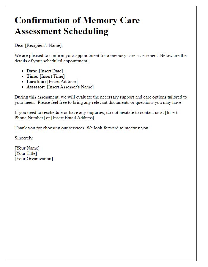 Letter template of confirmation for memory care assessment scheduling