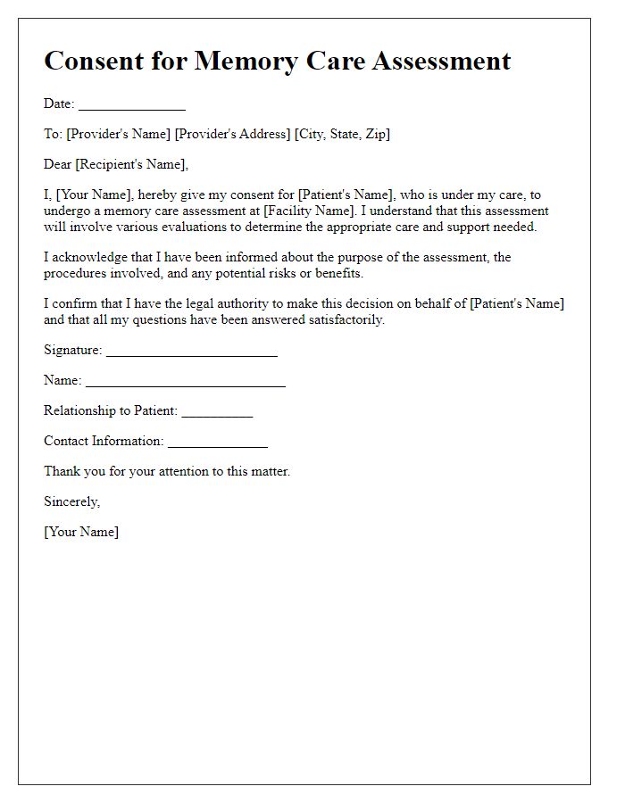 Letter template of consent for memory care assessment procedure