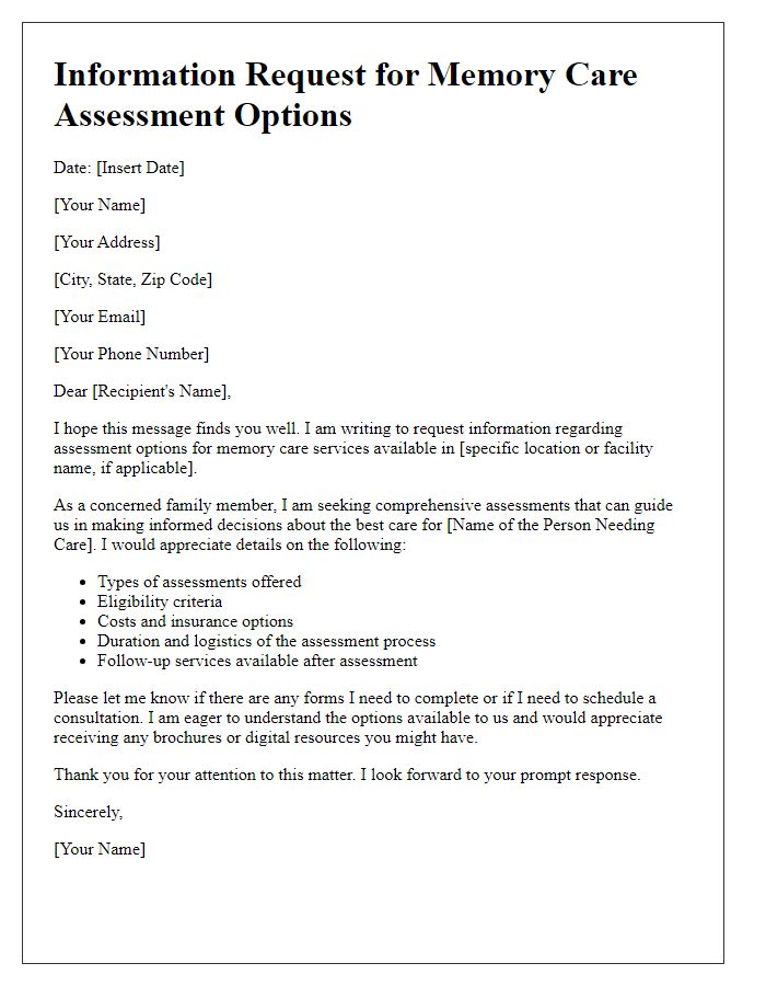 Letter template of information request for memory care assessment options