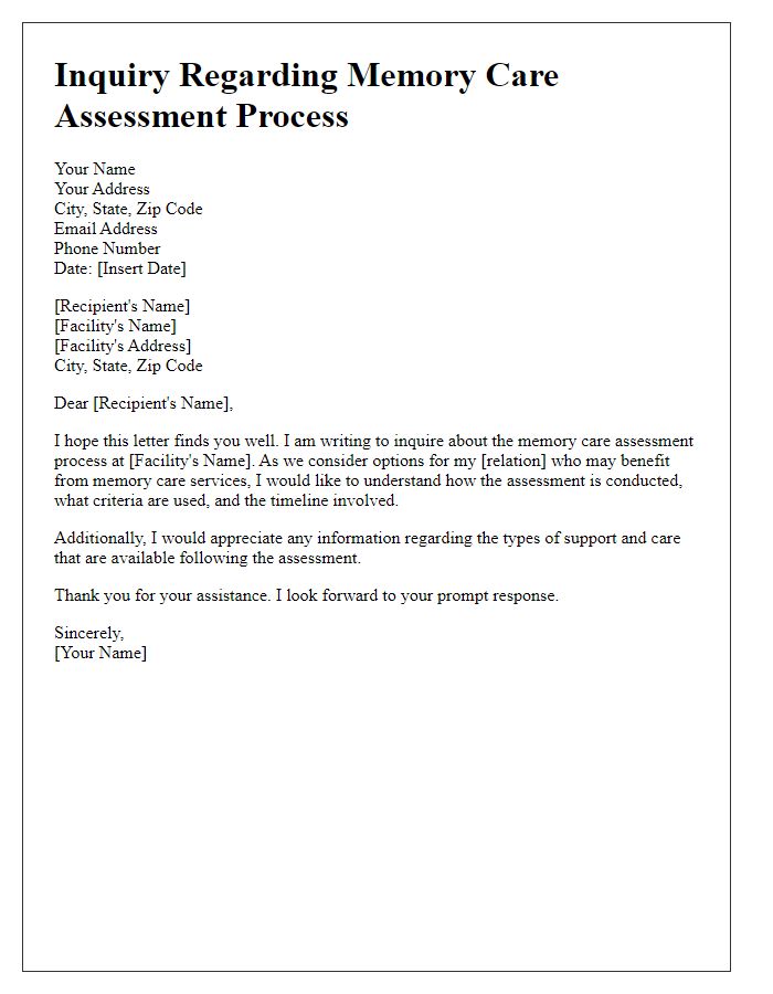 Letter template of inquiry regarding memory care assessment process