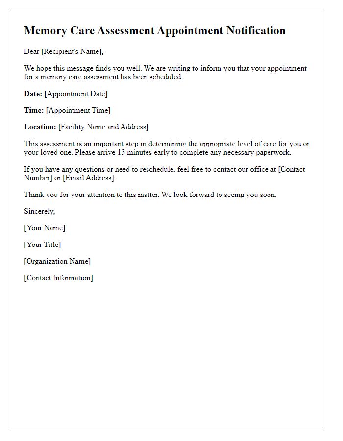 Letter template of notification for memory care assessment appointment