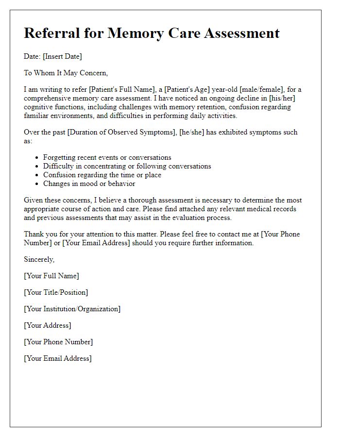 Letter template of referral for a memory care assessment