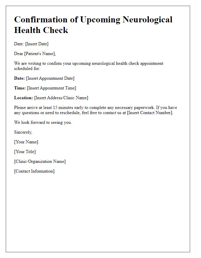 Letter template of confirmation for upcoming neurological health check