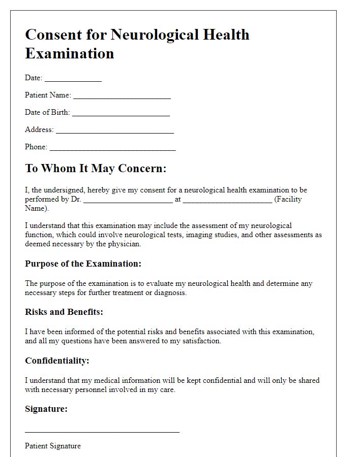 Letter template of consent for neurological health examination