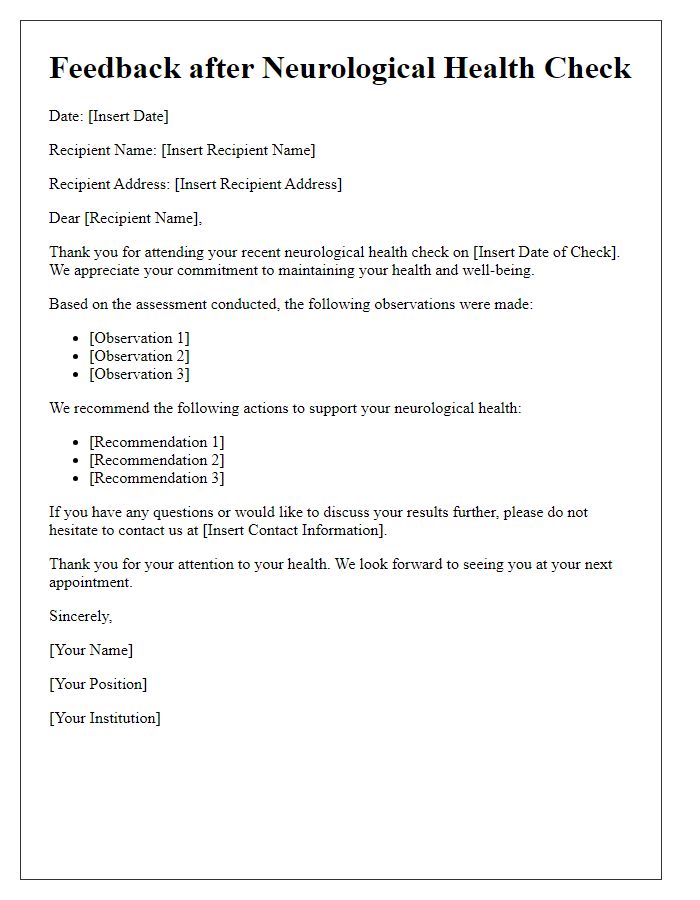 Letter template of feedback after neurological health check