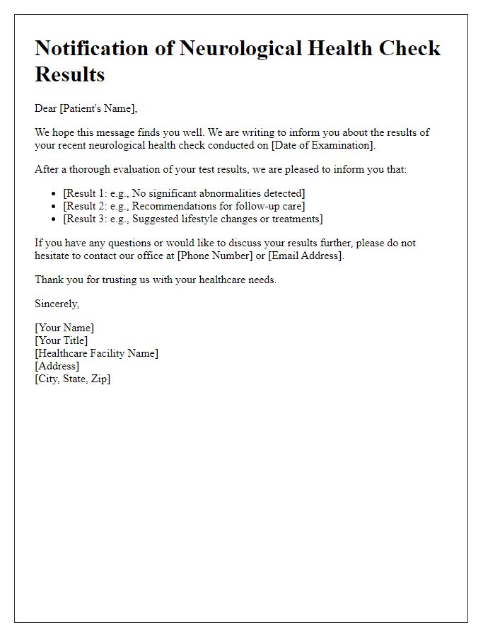 Letter template of notification for neurological health check results