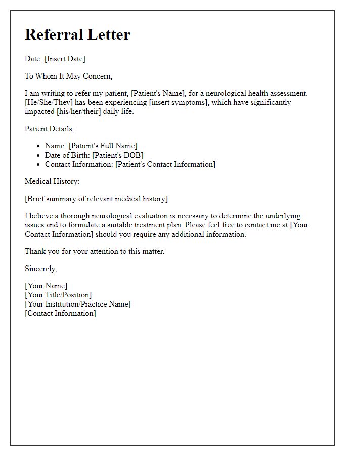 Letter template of referral for neurological health assessment