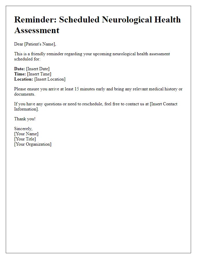 Letter template of reminder for scheduled neurological health assessment