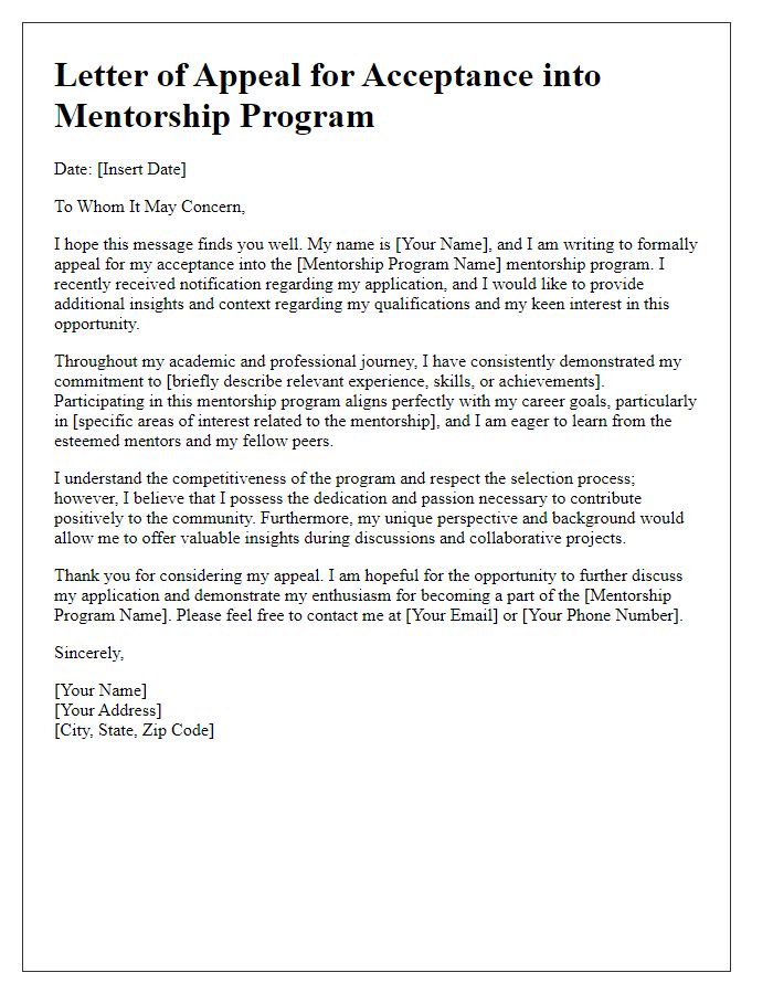 Letter template of appeal for acceptance into mentorship program