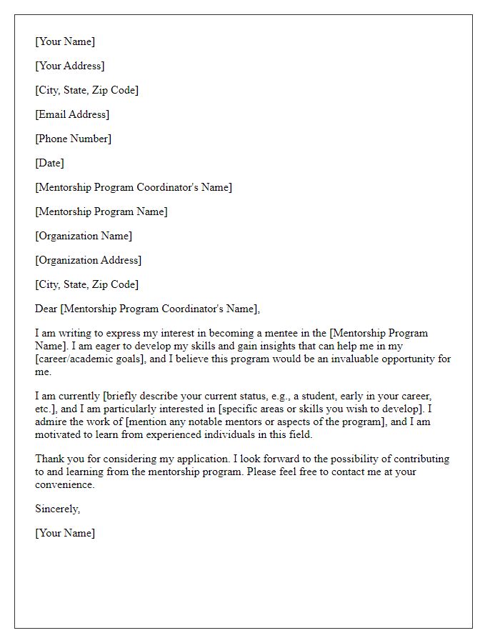 Letter template of application for becoming a mentee in mentorship program