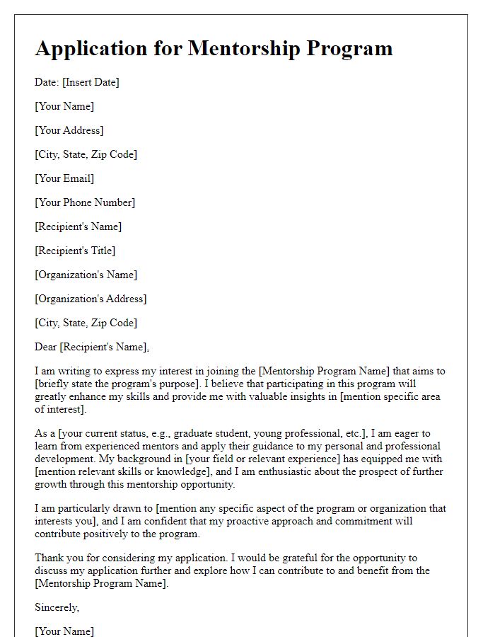 Letter template of formal application to join a mentorship program