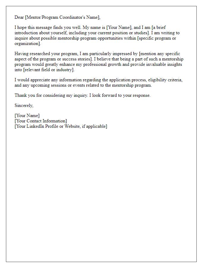 Letter template of inquiry regarding mentorship program opportunities