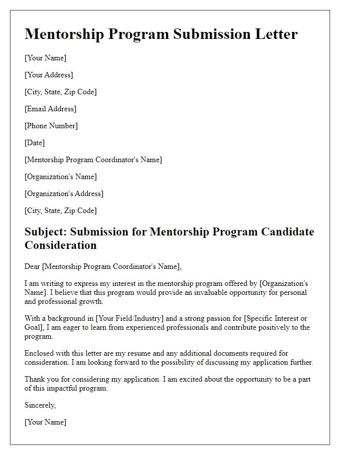 Letter template of submission for mentorship program candidate consideration