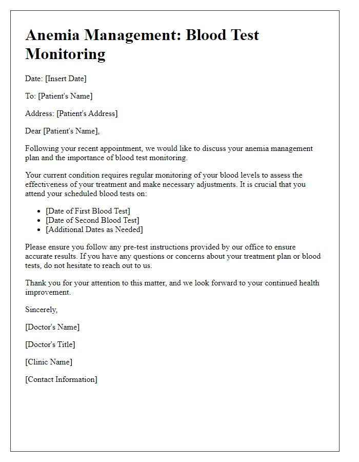 Letter template of Anemia Management for Blood Test Monitoring