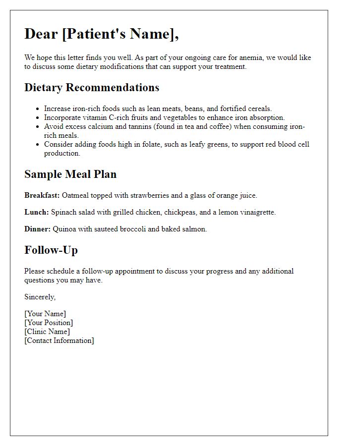 Letter template of Anemia Management for Dietary Modifications