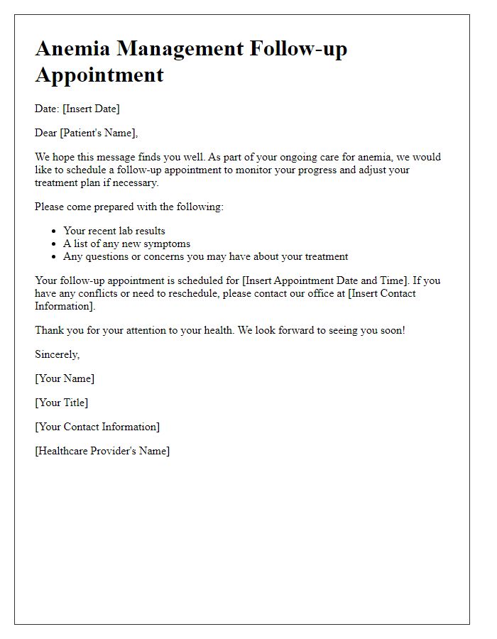 Letter template of Anemia Management for Follow-up Appointments