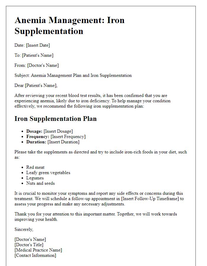 Letter template of Anemia Management for Iron Supplementation