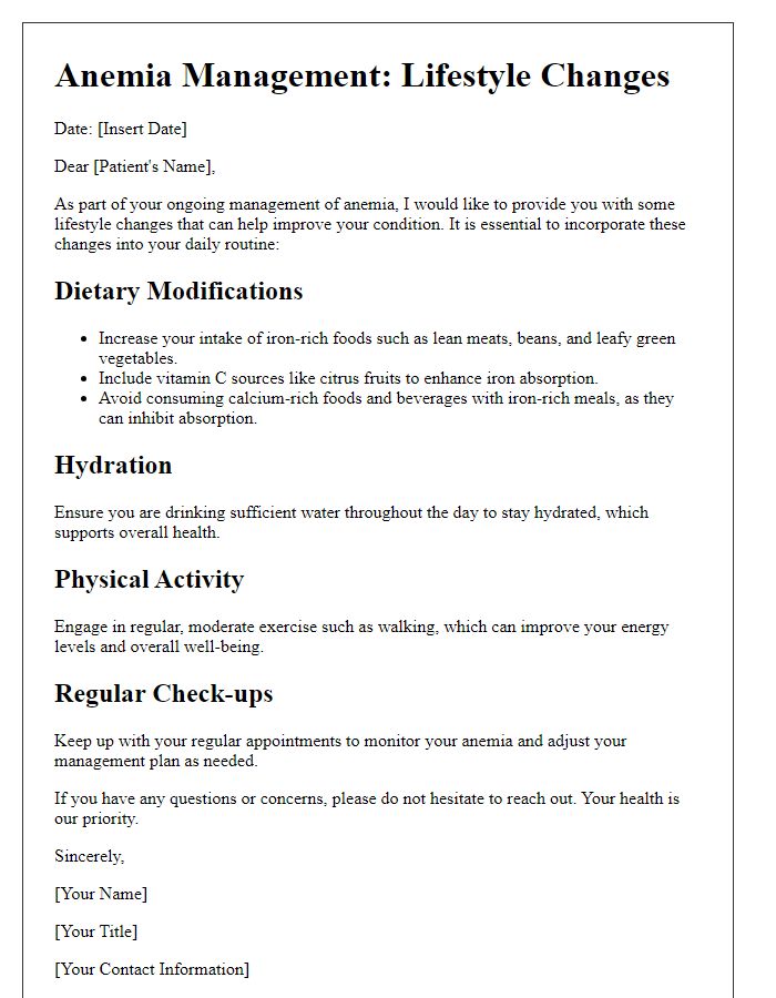 Letter template of Anemia Management for Lifestyle Changes