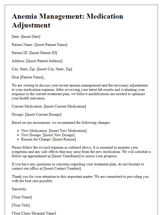 Letter template of Anemia Management for Medication Adjustment