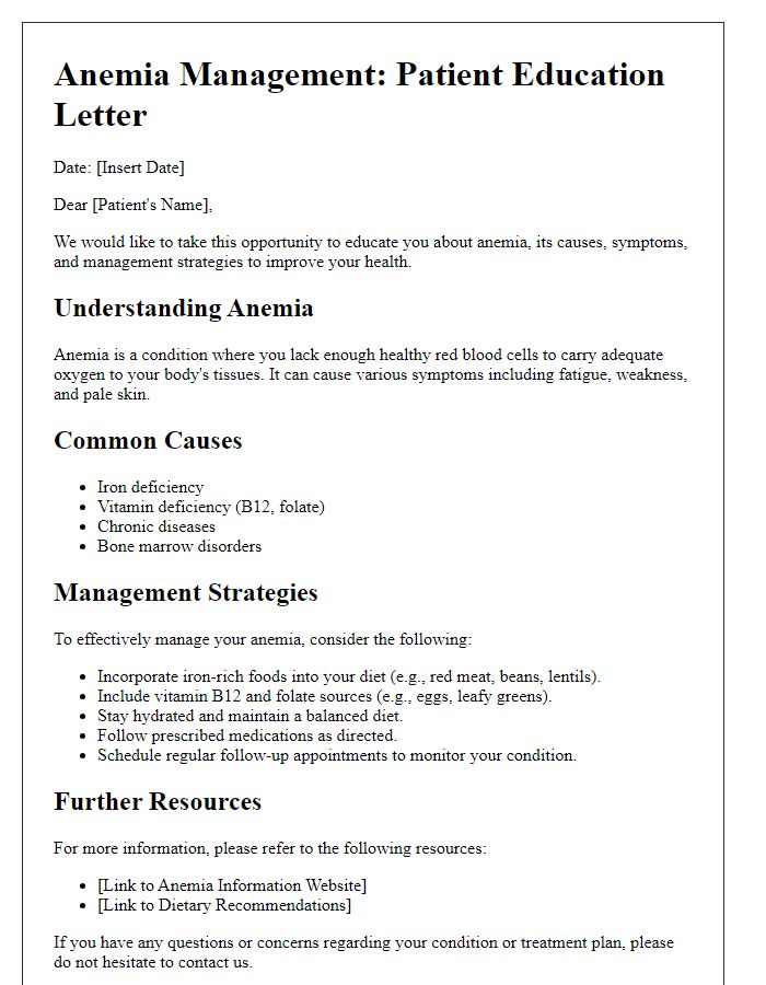 Letter template of Anemia Management for Patient Education