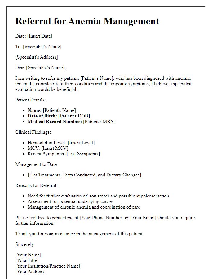 Letter template of Anemia Management for Referral to Specialist