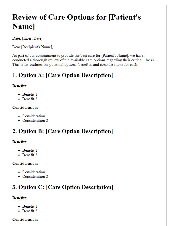 Letter template of a review of care options for critical illness