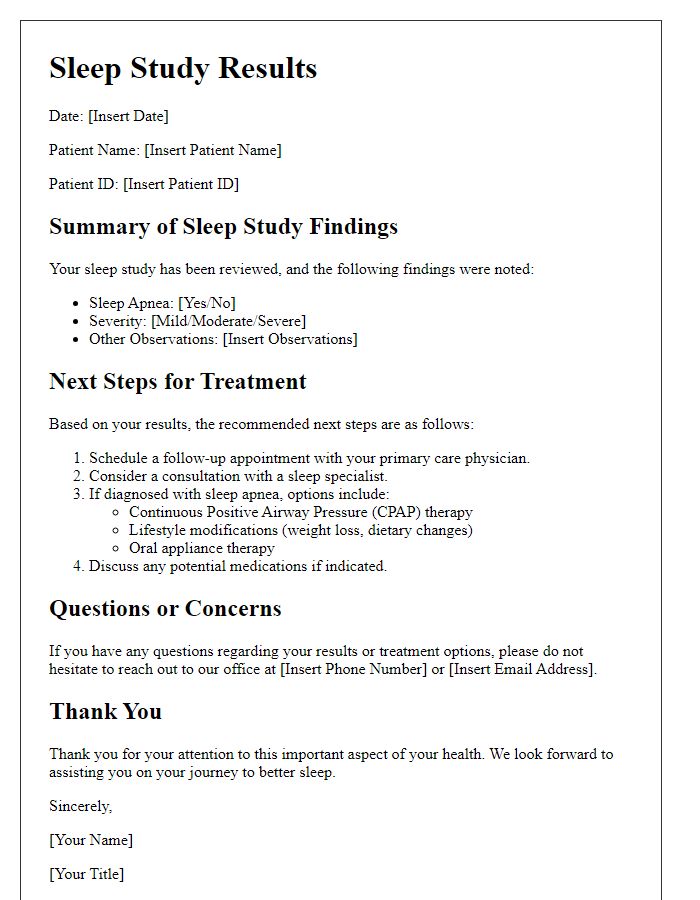 Letter template of sleep study results detailing next steps for treatment.