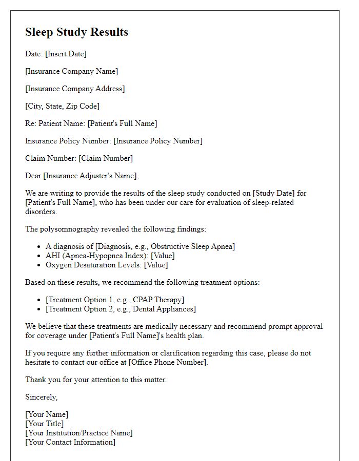 Letter template of sleep study results for insurance claims processing.