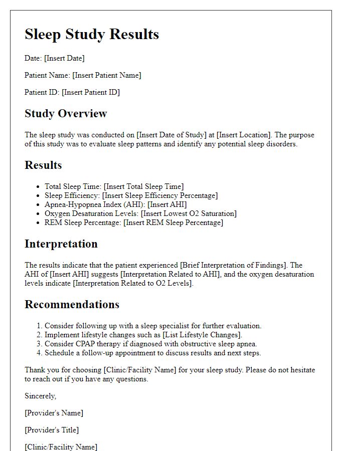 Letter template of sleep study results with interpretation and recommendations.