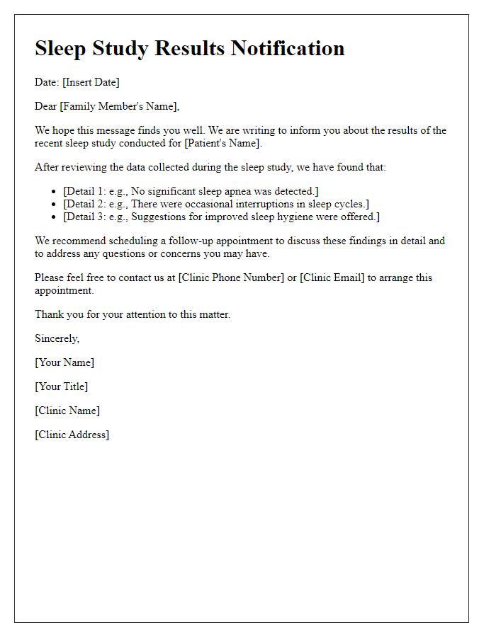 Letter template of sleep study results notification for family members.