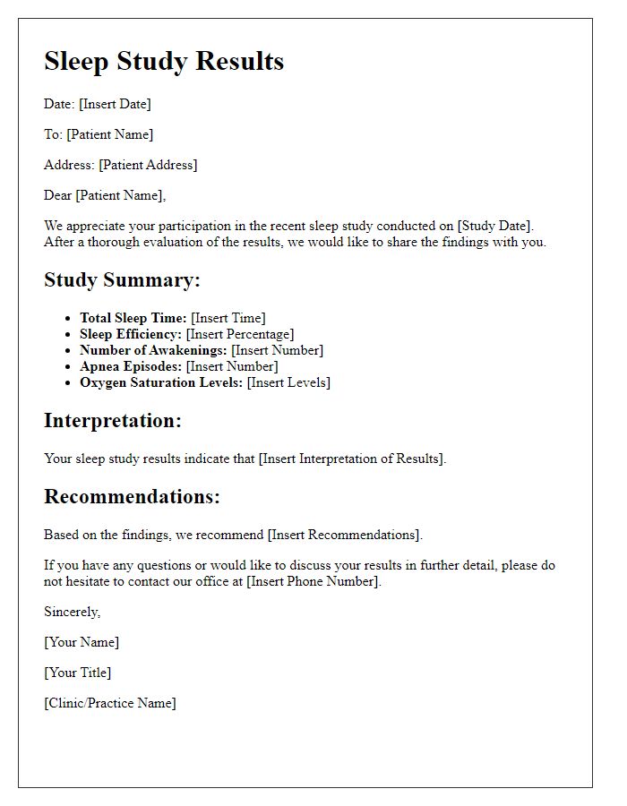 Letter template of sleep study results for patient after evaluation.