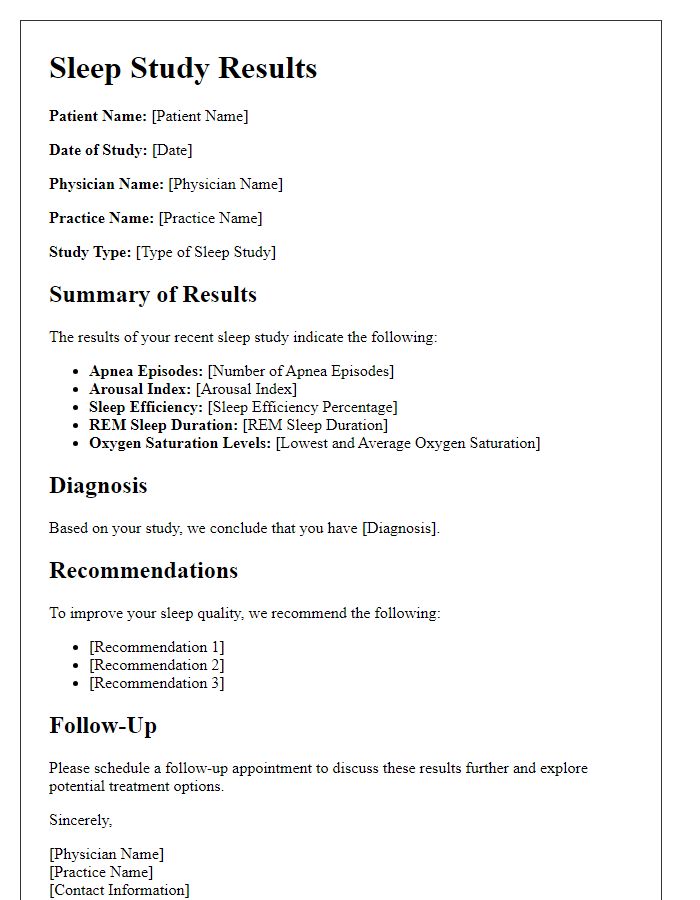 Letter template of sleep study results for patient education purposes.