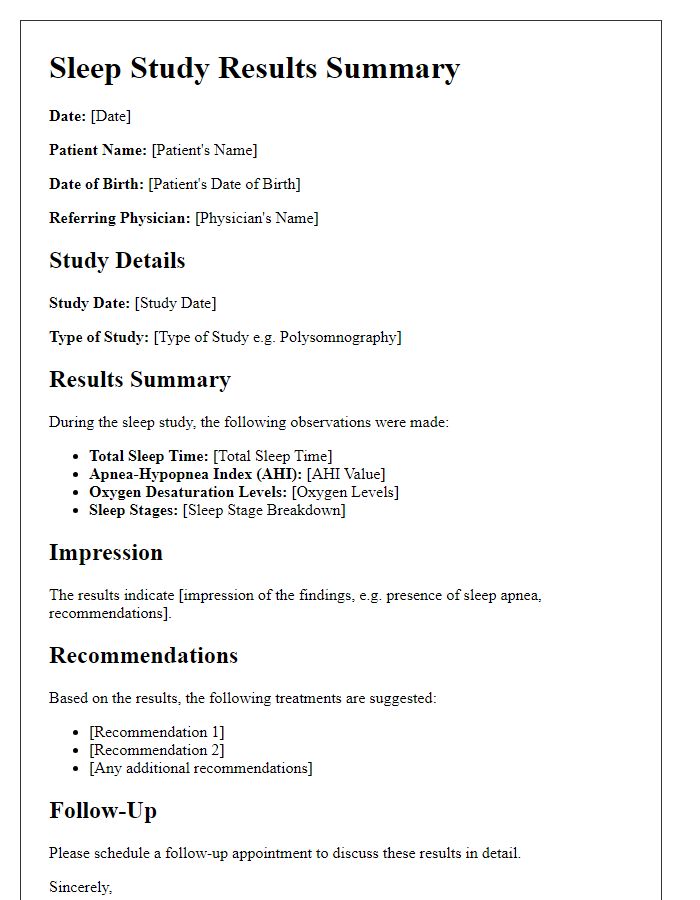 Letter template of sleep study results summary for healthcare provider.