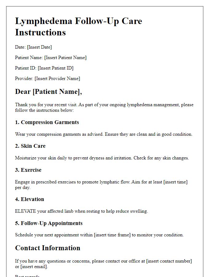 Letter template of lymphedema follow-up care instructions