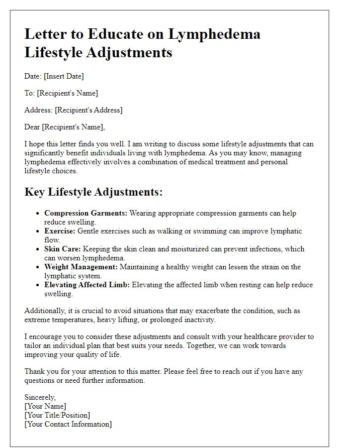 Letter template of lymphedema lifestyle adjustments