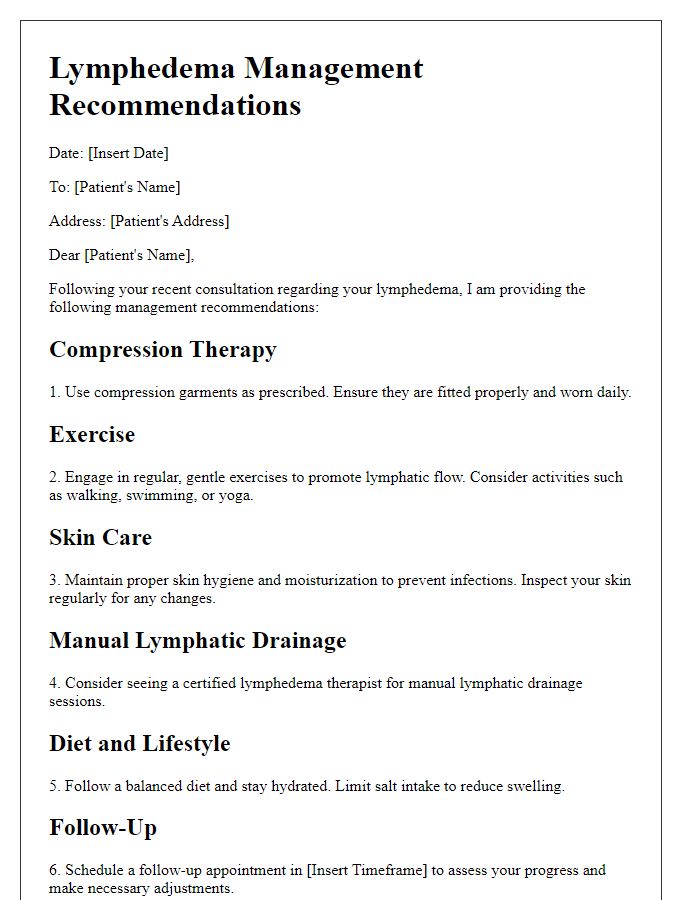 Letter template of lymphedema management recommendations