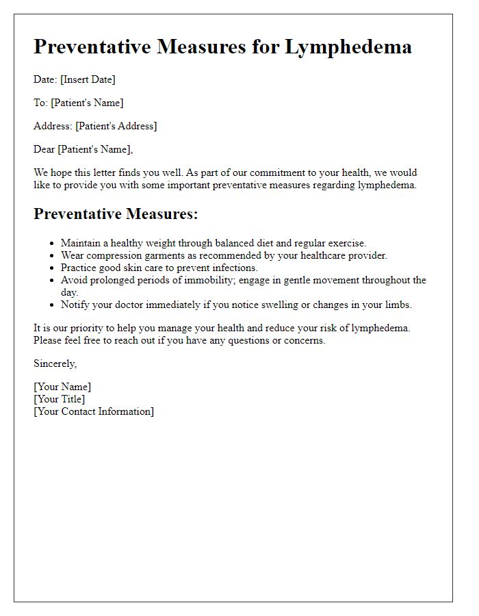 Letter template of lymphedema preventative measures