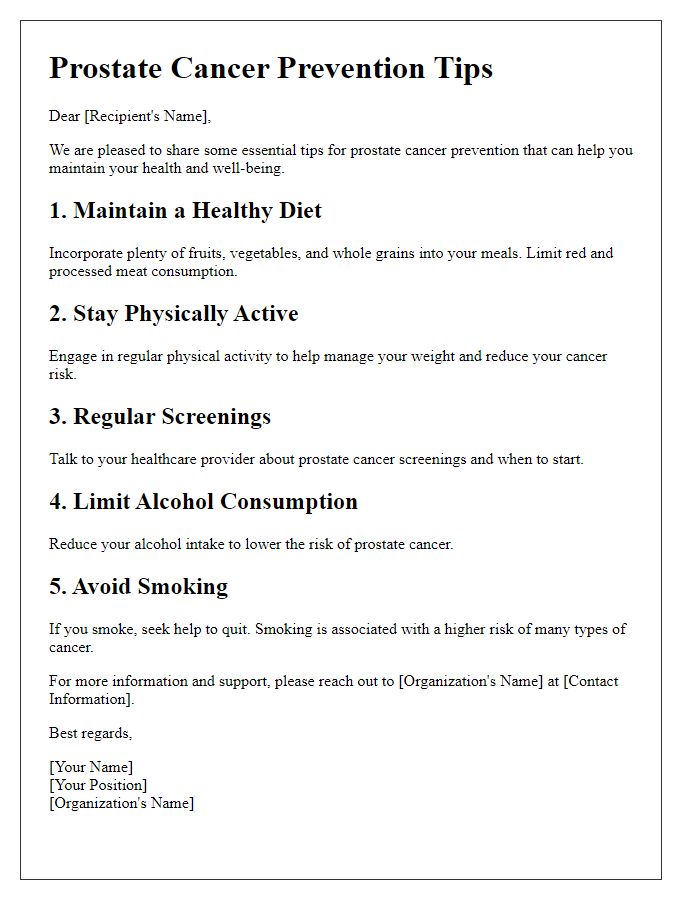 Letter template of prostate cancer prevention tips brochure