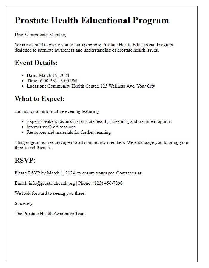 Letter template of prostate health educational program brochure