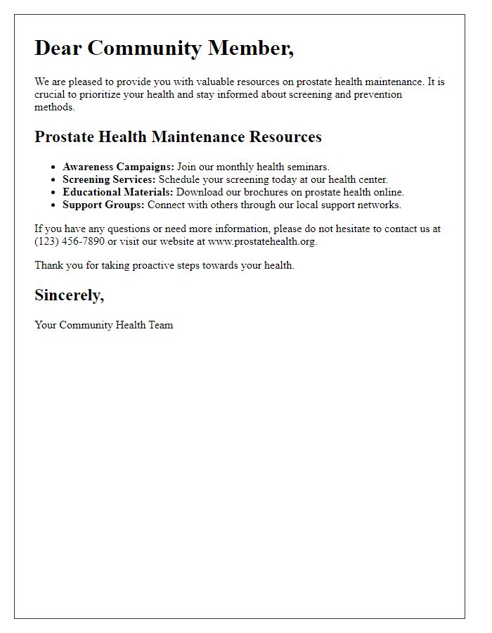 Letter template of prostate health maintenance resources brochure