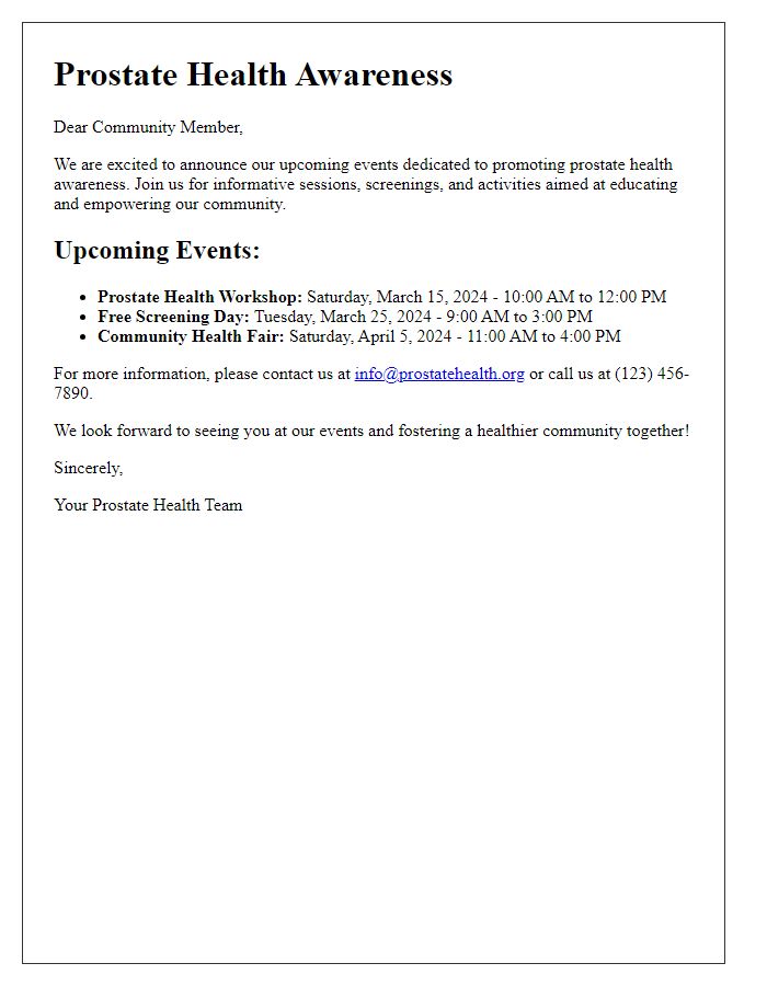 Letter template of prostate health promotion and events brochure