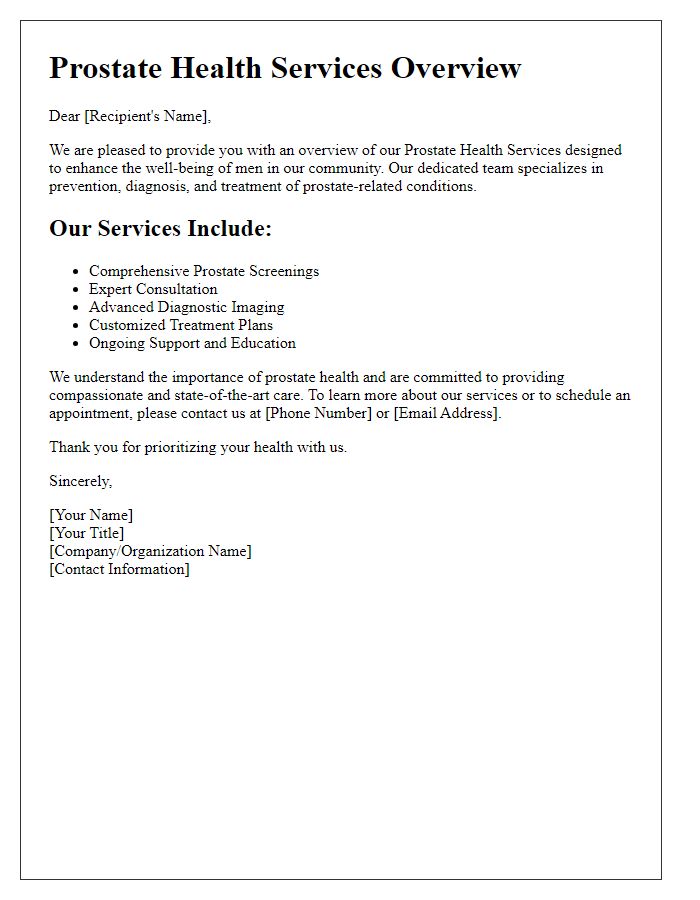 Letter template of prostate health services overview brochure